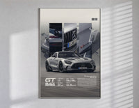 Mercedes-AMG GT Black Series poster framed in white on a clean gallery wall