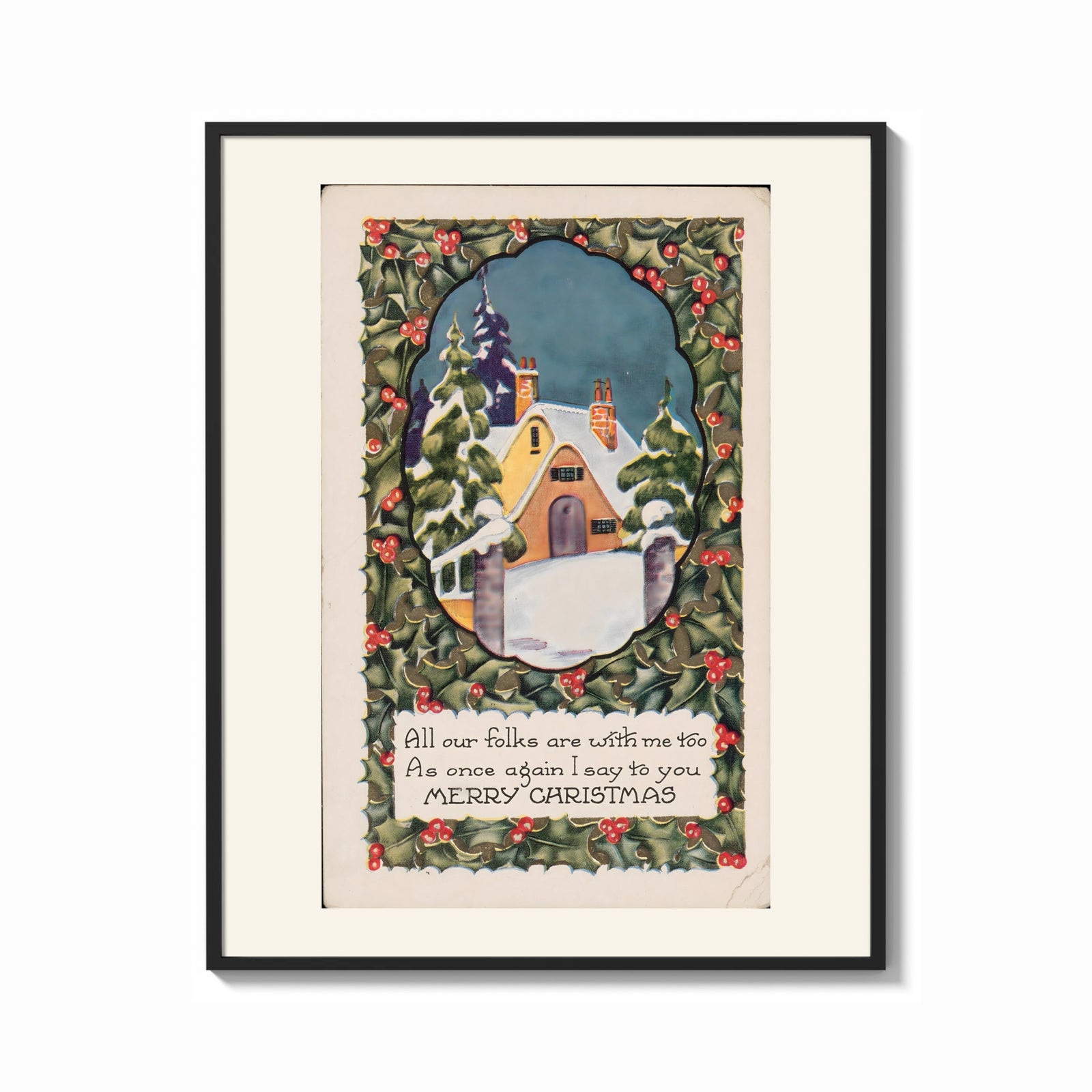 Framed Snow-covered cottage in winter print shown as a bold statement piece on a clean gallery wall