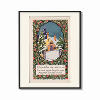 Framed Snow-covered cottage in winter print shown as a bold statement piece on a clean gallery wall