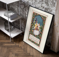 Snow-covered cottage in winter poster in a black frame leaning beside a shelf in a raw-plaster loft