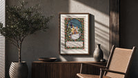 Snow-covered cottage in winter poster framed above a fluted sideboard beside an olive tree