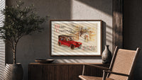 Vintage red touring car in snow print in a wood frame above a fluted sideboard beside an olive tree