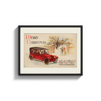 Framed Vintage red touring car in snow print shown as a wide statement piece on a clean white wall