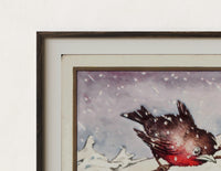 Close-up of the Two red robins on branch print's dark wood frame corner and archival matte paper