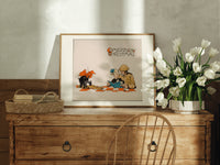 Soldier reading French book with child print in an oak frame on a farmhouse dresser beside white tulips