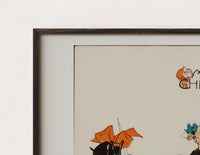 Close-up of the Soldier reading French book with child print's dark wood frame corner and archival matte paper