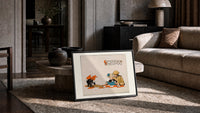 Soldier reading French book with child print in a slim black frame leaning on a travertine coffee table