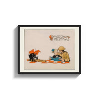 Framed Soldier reading French book with child print shown as a wide statement piece on a clean white wall