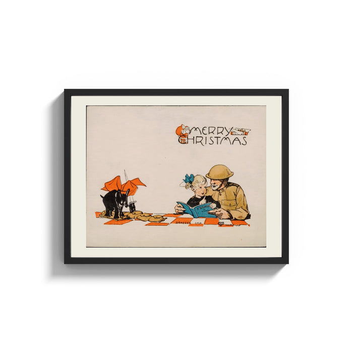 Framed Soldier reading French book with child print shown as a wide statement piece on a clean white wall