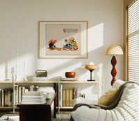 Soldier reading French book with child print in an oak frame above a mid-century book console with a vintage radio