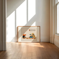 Soldier reading French book with child print in an oak frame on a sunlit wood floor beneath tall window light