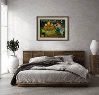 Anthropomorphic pumpkin heads with girl print in a dark wood frame above a rattan bed on a plaster wall