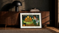 Anthropomorphic pumpkin heads with girl print in a black frame leaning against a walnut console in lamplight