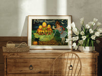 Anthropomorphic pumpkin heads with girl print in an oak frame on a farmhouse dresser beside white tulips