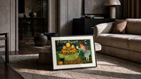 Anthropomorphic pumpkin heads with girl print in a slim black frame leaning on a travertine coffee table