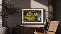 Anthropomorphic pumpkin heads with girl print in a wood frame above a fluted sideboard beside an olive tree