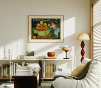 Anthropomorphic pumpkin heads with girl print in an oak frame above a mid-century book console with a vintage radio