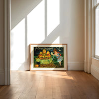 Anthropomorphic pumpkin heads with girl print in an oak frame on a sunlit wood floor beneath tall window light