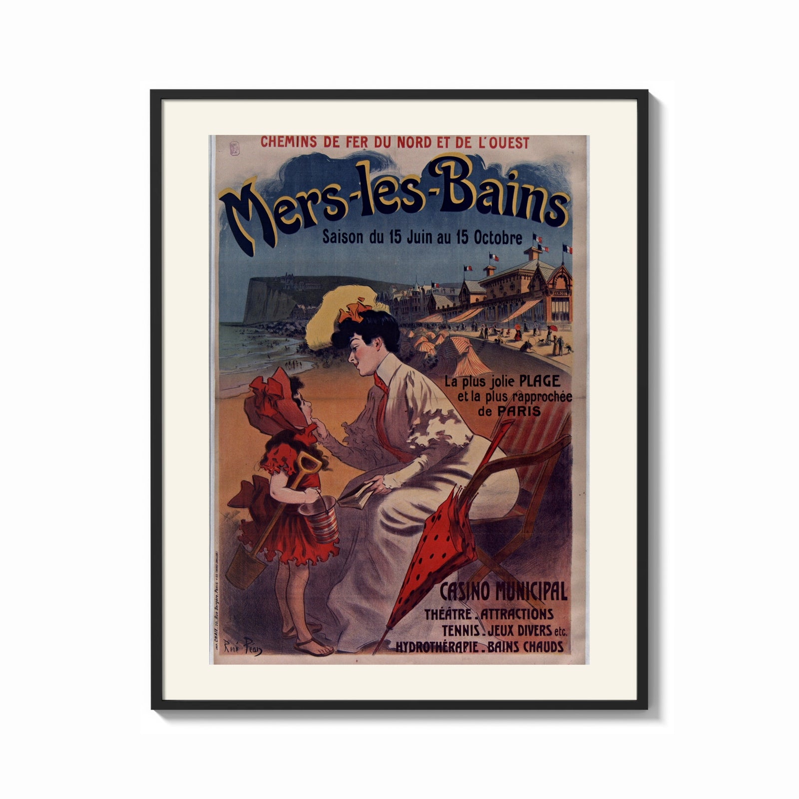 Framed woman and child at beach print shown as a bold statement piece on a clean gallery wall