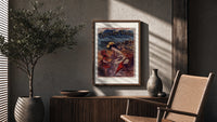 Woman and child at beach poster framed above a fluted sideboard beside an olive tree