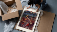 Woman and child at beach framed print being unpacked from protective bubble wrap and a box