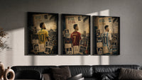 Three footballers seen from behind in national kits triptych in three black frames on a grey wall above a leather sofa