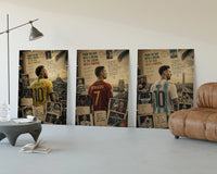 Three footballers seen from behind in national kits three-panel set displayed beside a brown leather sofa