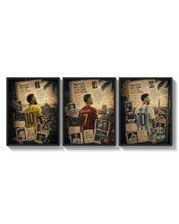 Three footballers seen from behind in national kits three-panel set arranged as a triptych on a bright gallery wall