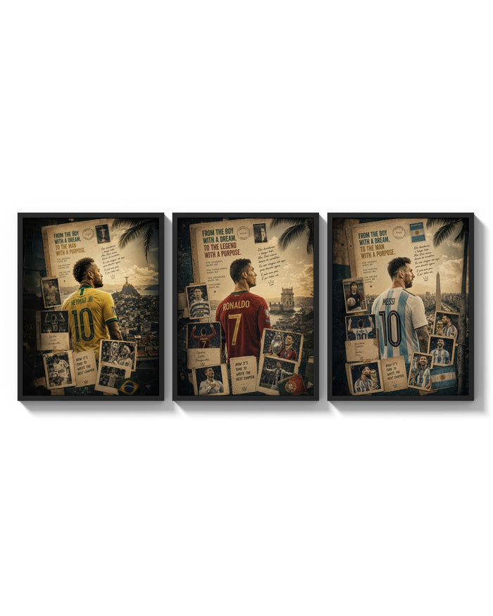 Three footballers seen from behind in national kits three-panel set arranged as a triptych on a bright gallery wall