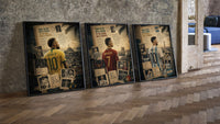 Three footballers seen from behind in national kits three-piece set leaning on parquet beside a vintage loft door