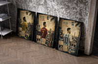 Three footballers seen from behind in national kits set of three black-framed prints leaning against a raw-plaster wall