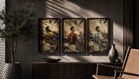 Three footballers seen from behind in national kits triptych in three walnut frames above a sideboard in a warm room