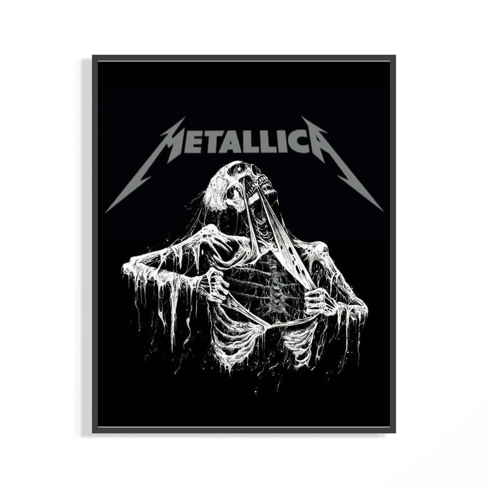 Framed Metallica Decaying Corpse Skeleton print shown as a statement piece on a gallery wall