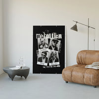 Metallica The Memory Remains poster framed above a tan leather living-room couch