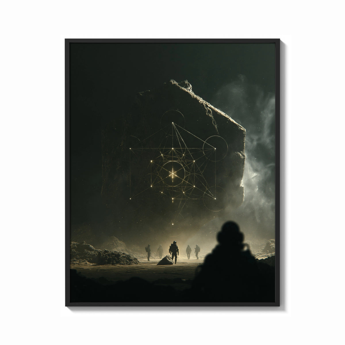 Framed Metatron's Cube Arrives print shown as a bold statement piece on a clean gallery wall