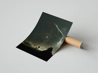 Gently curled Metatron's Cube Arrives print beside its protective shipping tube