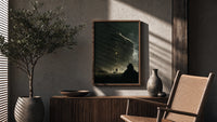 Metatron's Cube Arrives poster framed above a fluted sideboard beside a potted tree