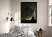 Metatron's Cube Arrives print in a black frame above a bed with striped linens, a brass wall lamp and a sunlit window