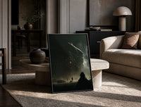 Metatron's Cube Arrives print on the floor, leaning against a travertine table