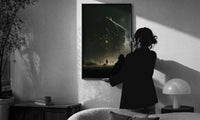 Metatron's Cube Arrives print in a slim black frame being hung on a sunlit wall in a monochrome room