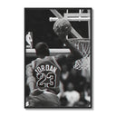 Basketball player dunking with NBA logo visible poster framed on a white gallery wall