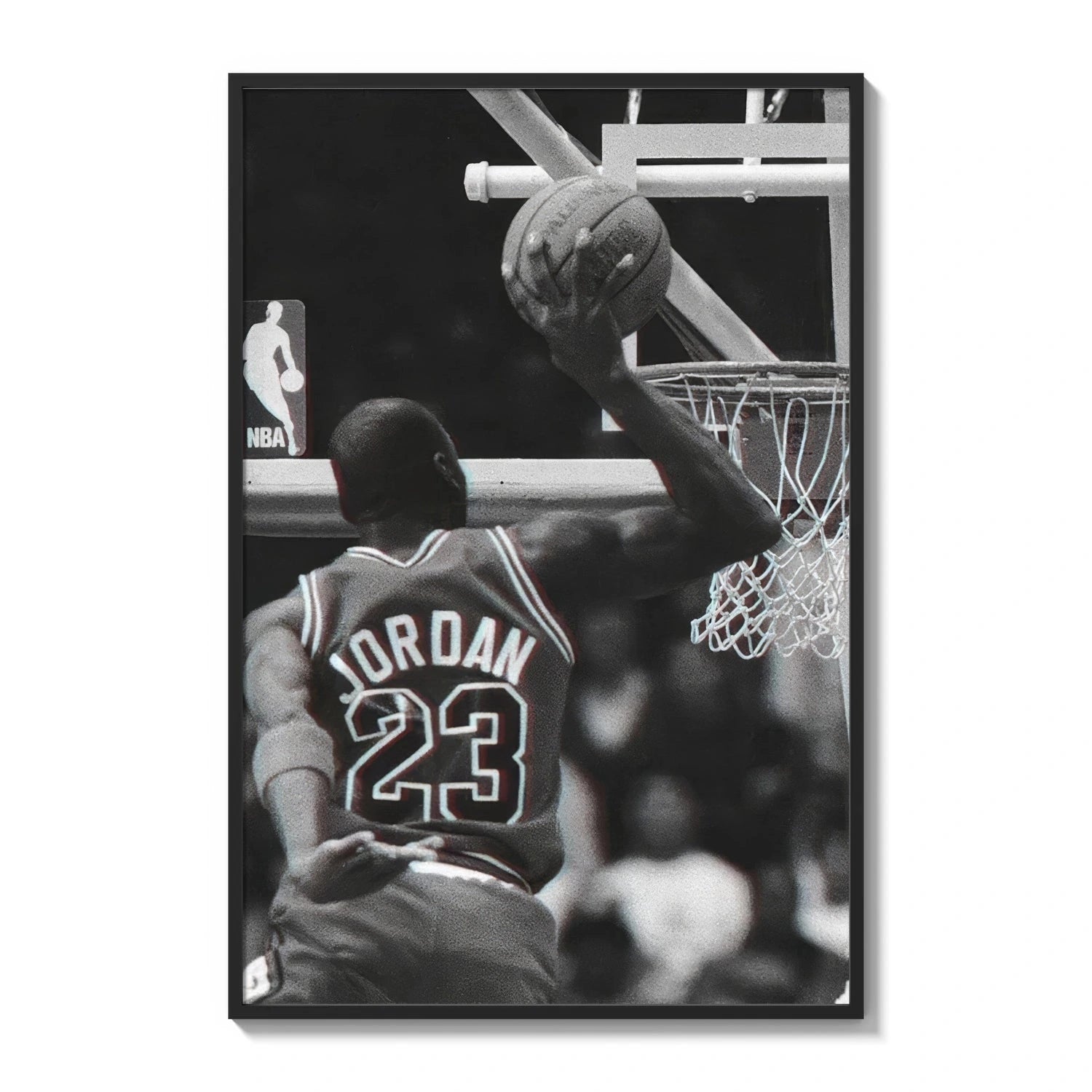 Basketball player dunking with NBA logo visible poster framed on a white gallery wall