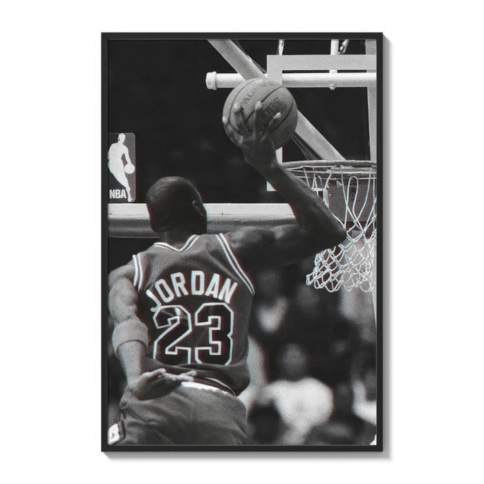 Basketball player dunking with NBA logo visible poster framed on a white gallery wall