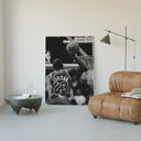 Basketball player dunking with NBA logo visible poster framed in a luxury living-room setting