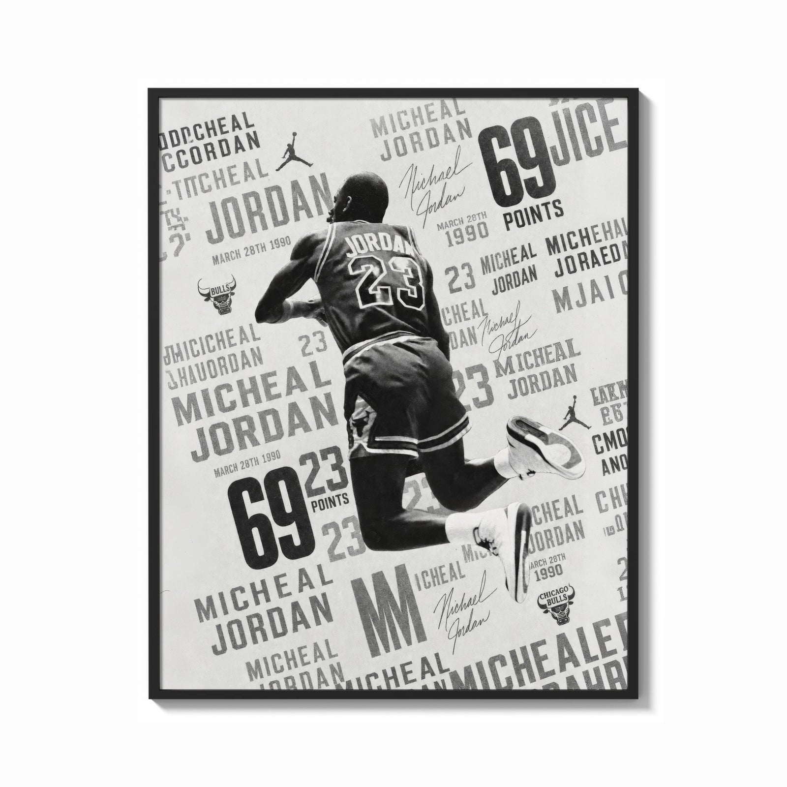 Framed Michael Jordan slam dunk print shown as a bold statement piece on a clean gallery wall