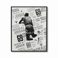 Framed Michael Jordan slam dunk print shown as a bold statement piece on a clean gallery wall