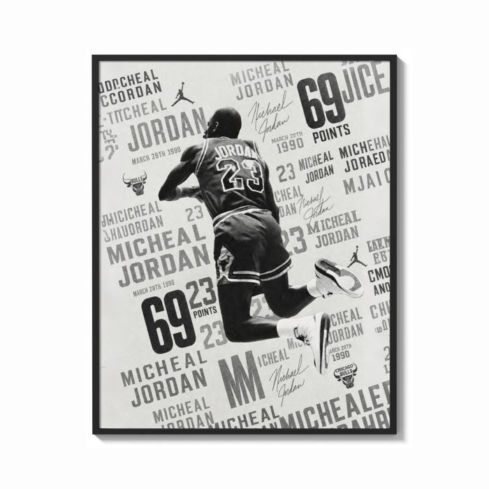 Framed Michael Jordan slam dunk print shown as a bold statement piece on a clean gallery wall