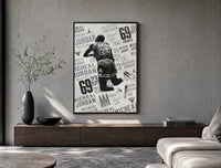 Michael Jordan slam dunk poster framed above a wood console in a concrete-wall living room