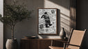 Michael Jordan slam dunk poster framed above a fluted sideboard beside an olive tree