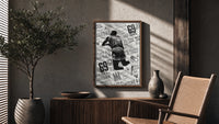 Michael Jordan slam dunk poster framed above a fluted sideboard beside an olive tree